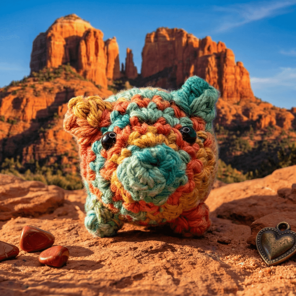 Colorful crocheted pig sachet in turquoise, coral, and golden yellow sits on red desert rock with Cathedral Rock formation in background. Two polished stones and metal heart charm nearby.