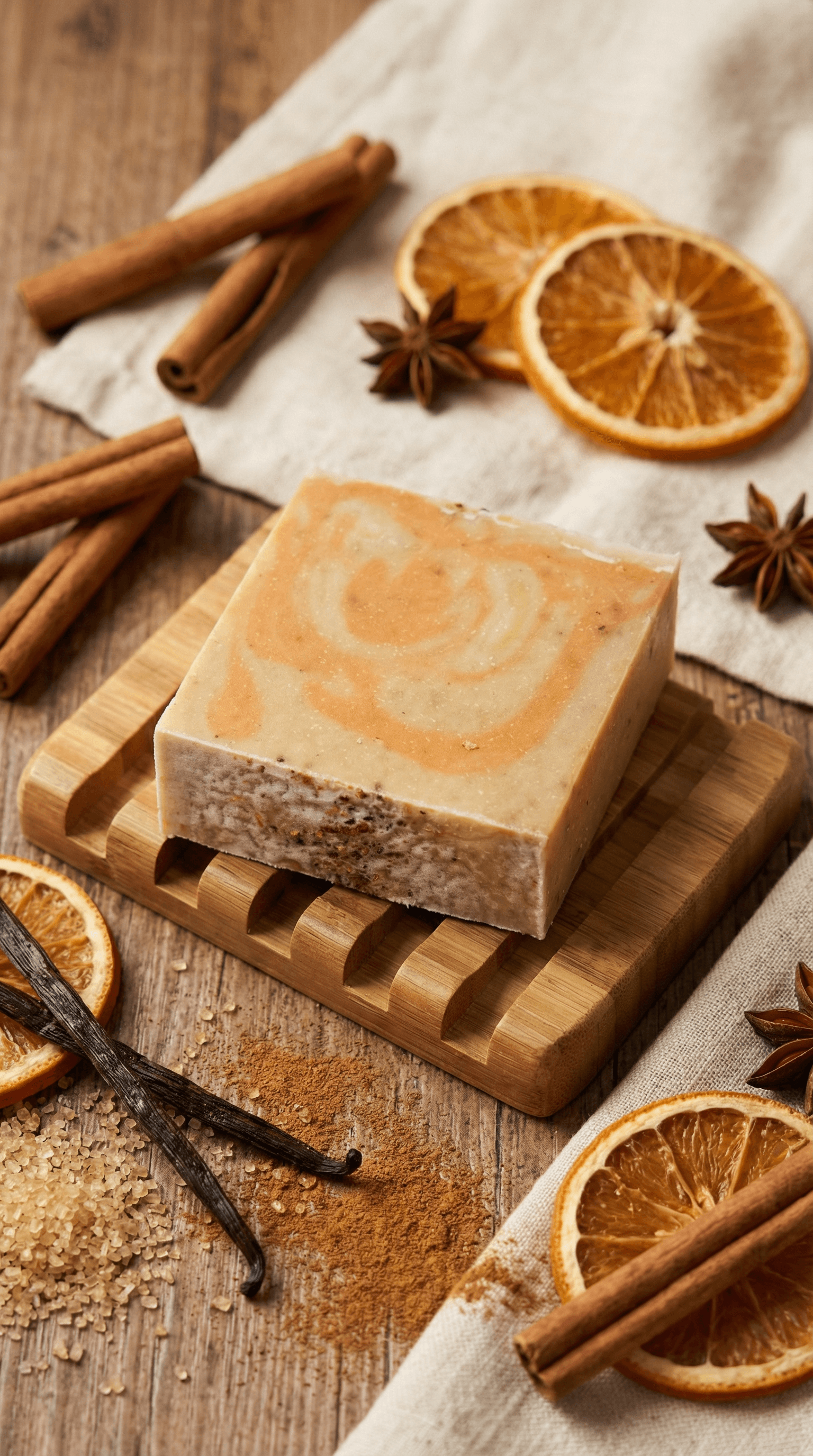 Square handmade soap bar with peachy-orange and cream colored swirls on top, resting on bamboo soap dish. Surrounded by cinnamon sticks, dried orange slices, star anise, and vanilla beans.