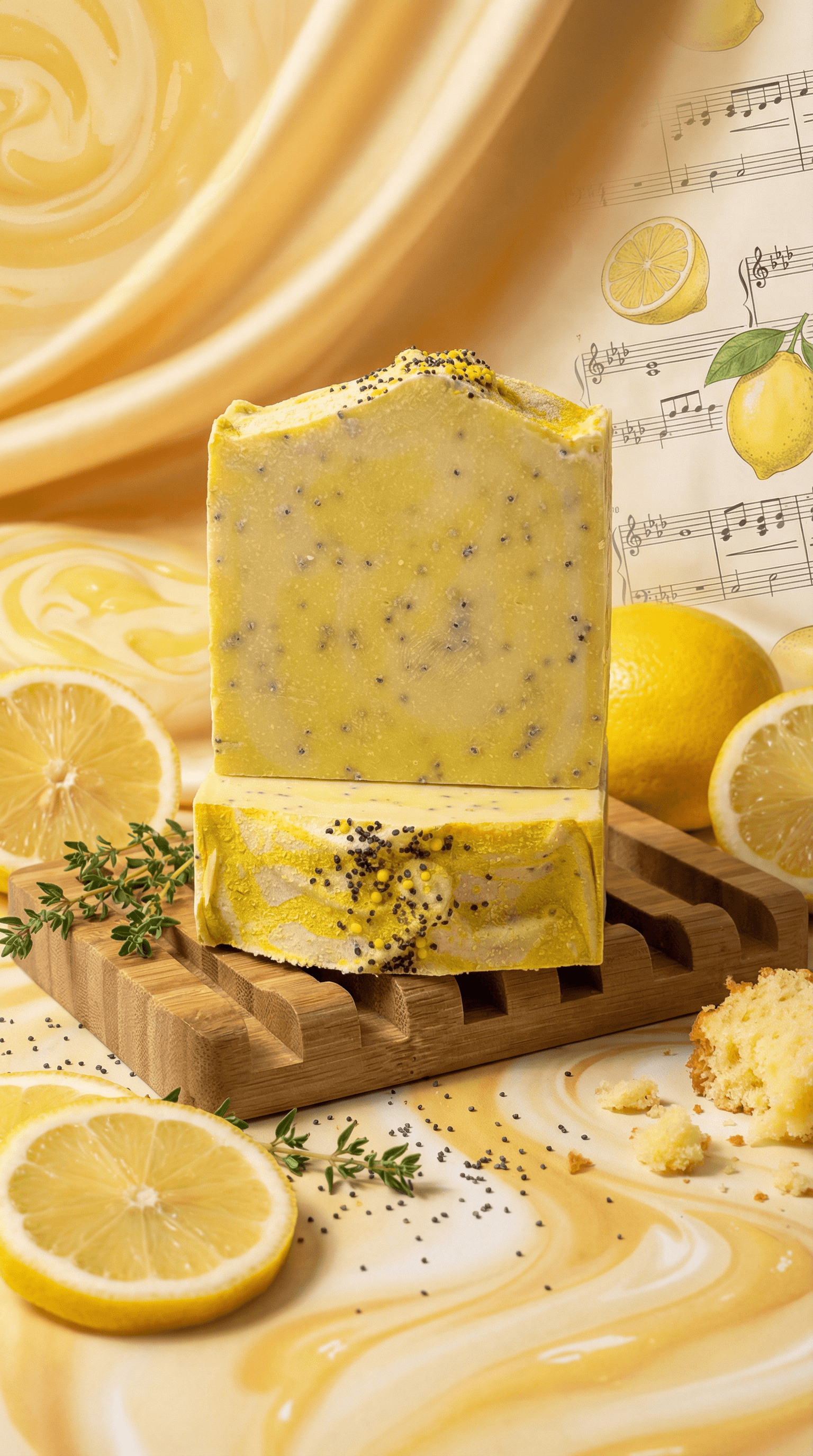 Two stacked bars of golden yellow soap with black poppy seeds throughout, displayed on a wooden soap dish surrounded by fresh lemon slices and sprigs of thyme.
