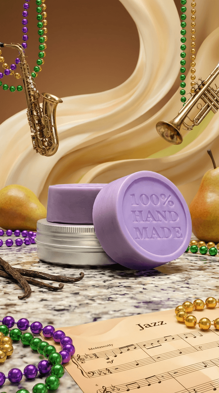 Lavender purple solid lotion bar with '100% HAND MADE' embossed on top, displayed with silver tin, beaded Mardi Gras necklaces, brass instruments, jazz sheet music, vanilla pods, and pears.