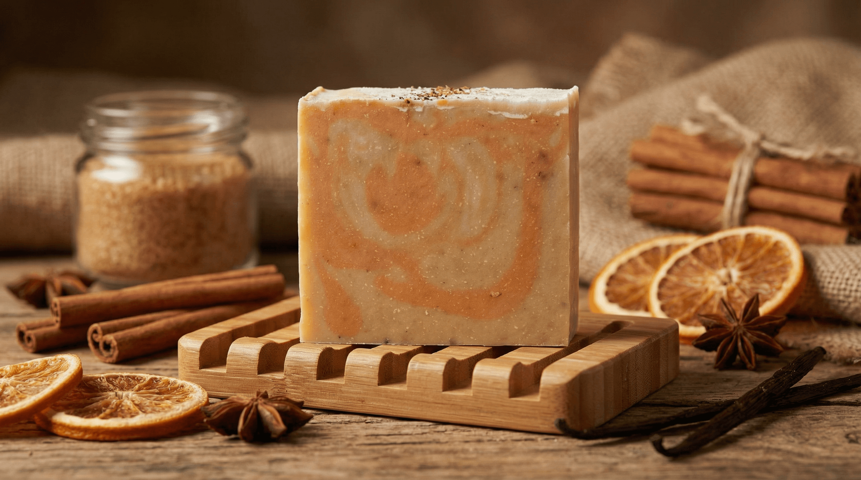 Handmade soap bar with swirled tan and cream layers on wooden soap dish, surrounded by dried orange slices, cinnamon sticks, and star anise on rustic burlap surface.