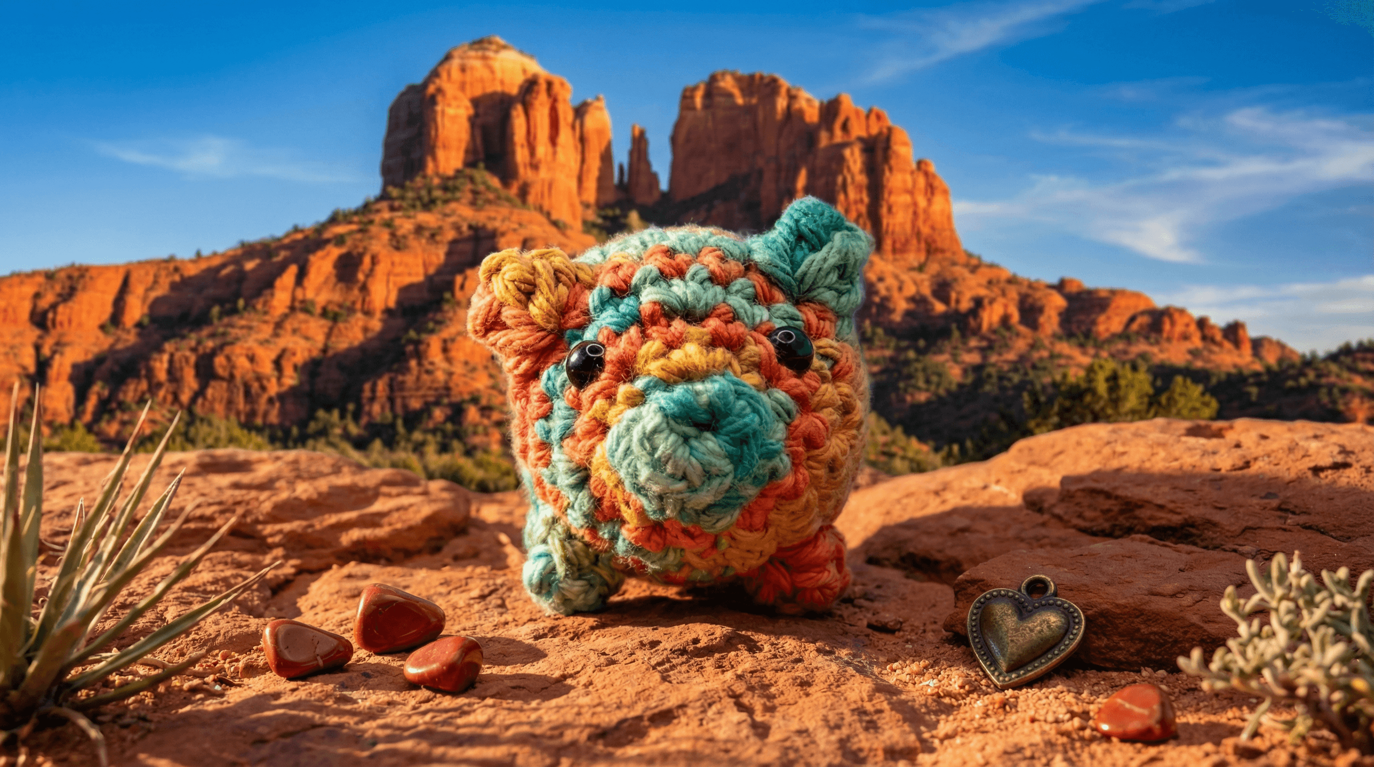 Multicolored crocheted pig sachet in coral, turquoise, and yellow yarn sits on red desert rock with Cathedral Rock formation in background. Small polished stones and metal heart charm placed nearby.