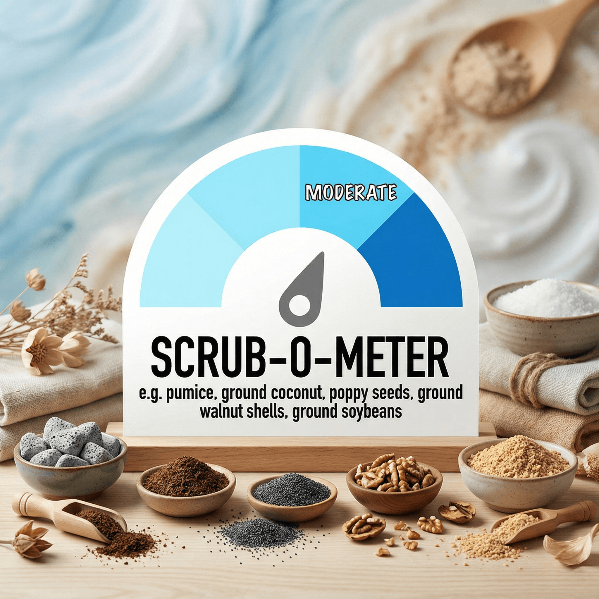 Educational display showing a scrub abrasiveness meter gauge reading 'moderate' above various exfoliating ingredients in bowls including pumice, coconut, poppy seeds, walnut shells, and soybeans on a wooden surface.