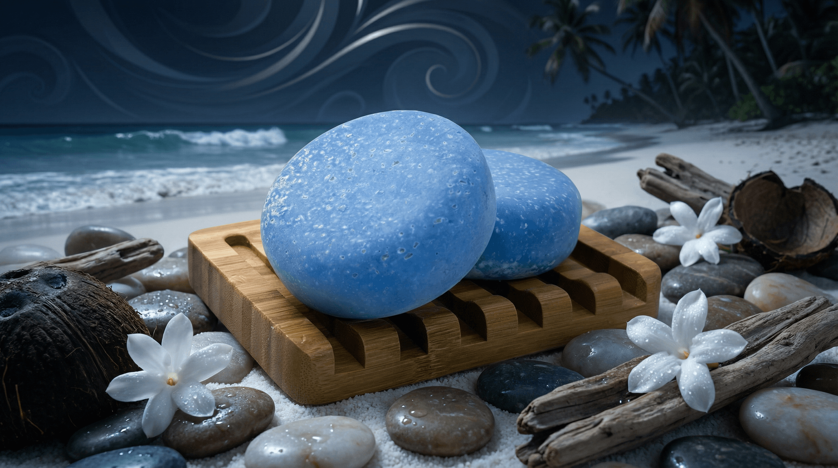 Two oval blue sea salt scrub bars with speckled texture rest on a wooden soap dish, surrounded by smooth stones, white flowers, and driftwood against a beach backdrop.