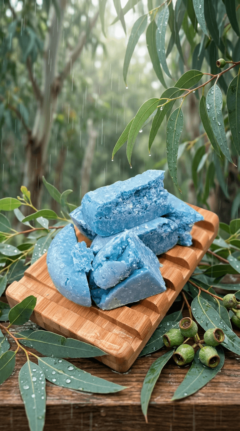Several chunks of bright turquoise-blue handcrafted soap with textured, crystalline surfaces arranged on a wooden cutting board, surrounded by fresh eucalyptus leaves and buds in rainfall.