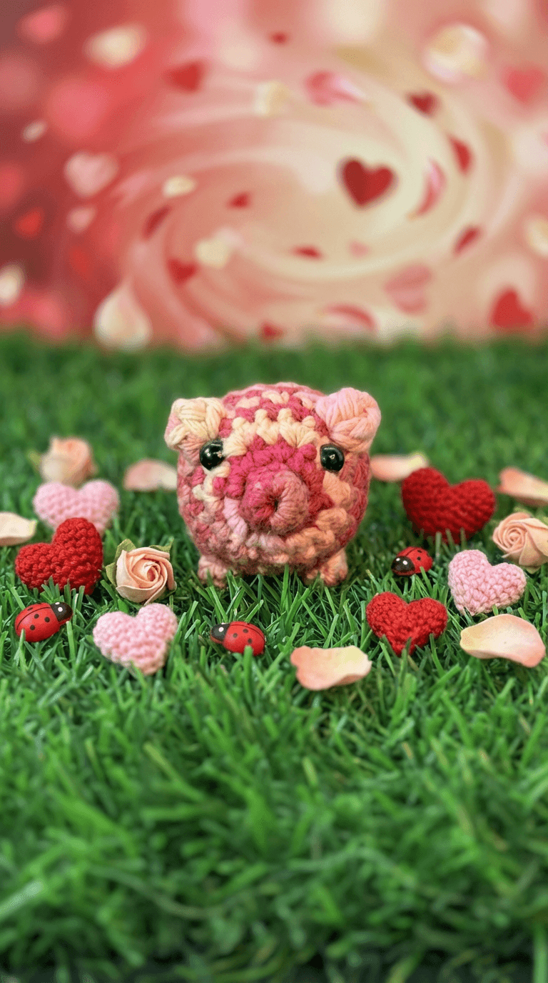Hand-crocheted pink and coral striped pig sachet on artificial grass, surrounded by small crocheted hearts, ladybugs, and rose petals against a Valentine-themed backdrop.