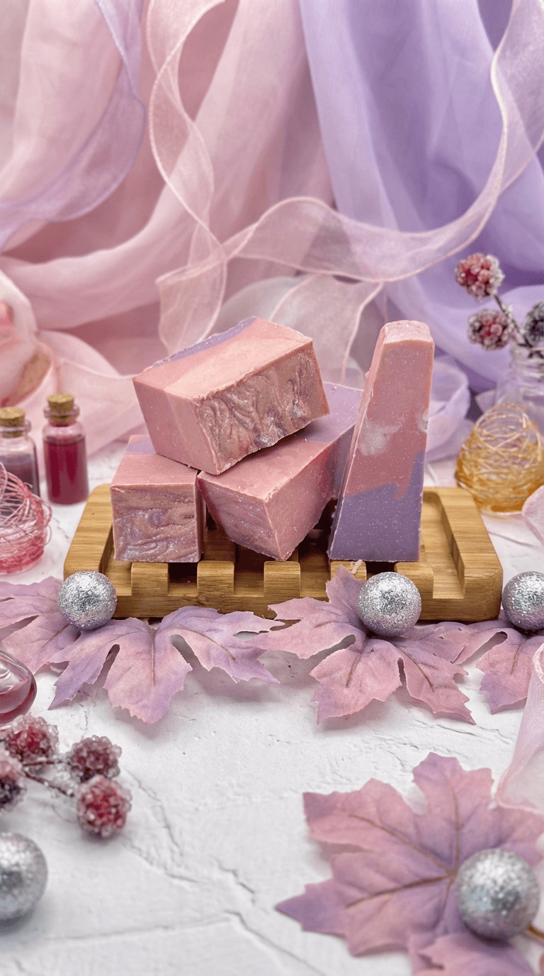 Four bars of pink-purple marbled handmade soap with swirled patterns arranged on a wooden soap dish, surrounded by sheer fabric, decorative leaves, and silver ornaments.
