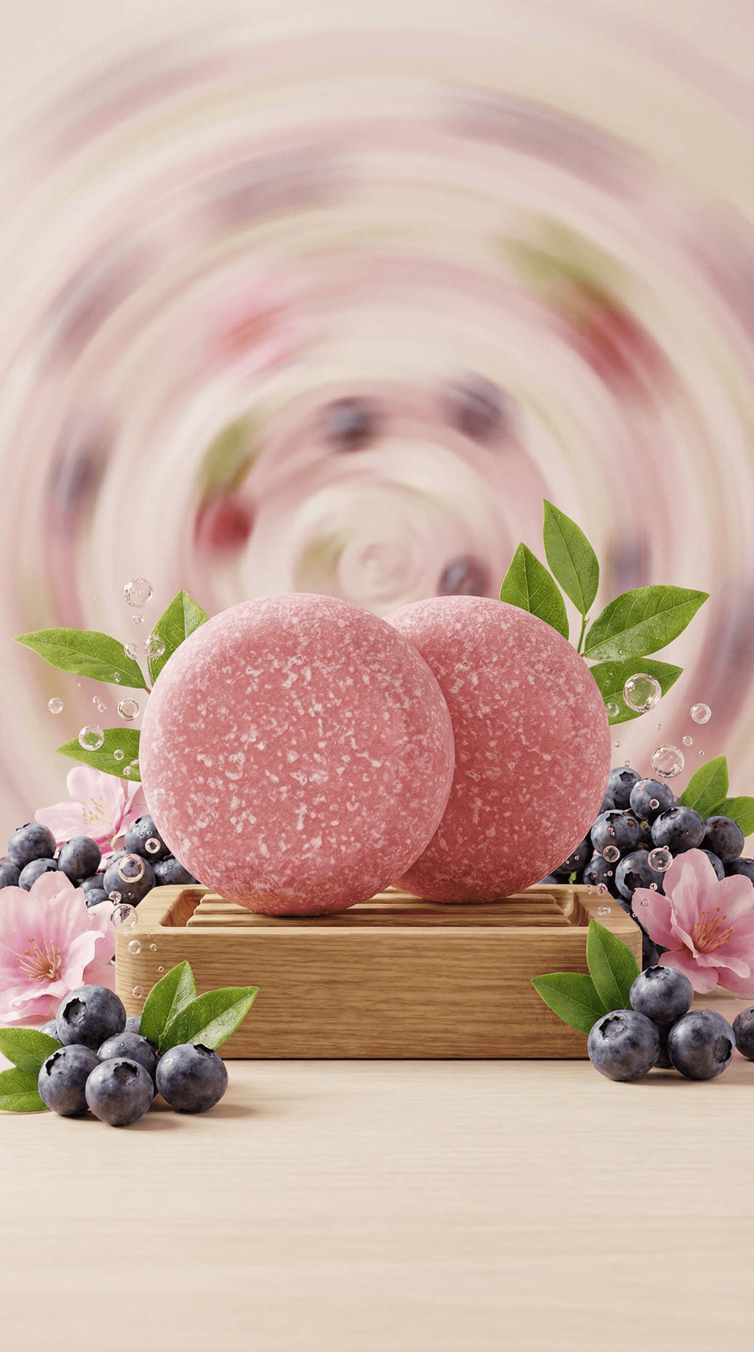 Two pink textured sea salt scrub bars with frosted surface displayed on bamboo platform, surrounded by fresh blueberries, green leaves, pink flowers, and water droplets.