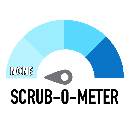 Gauge meter display labeled 'Scrub-O-Meter' with needle pointing to 'NONE' on a blue gradient scale, indicating this soap has no exfoliating scrub particles.