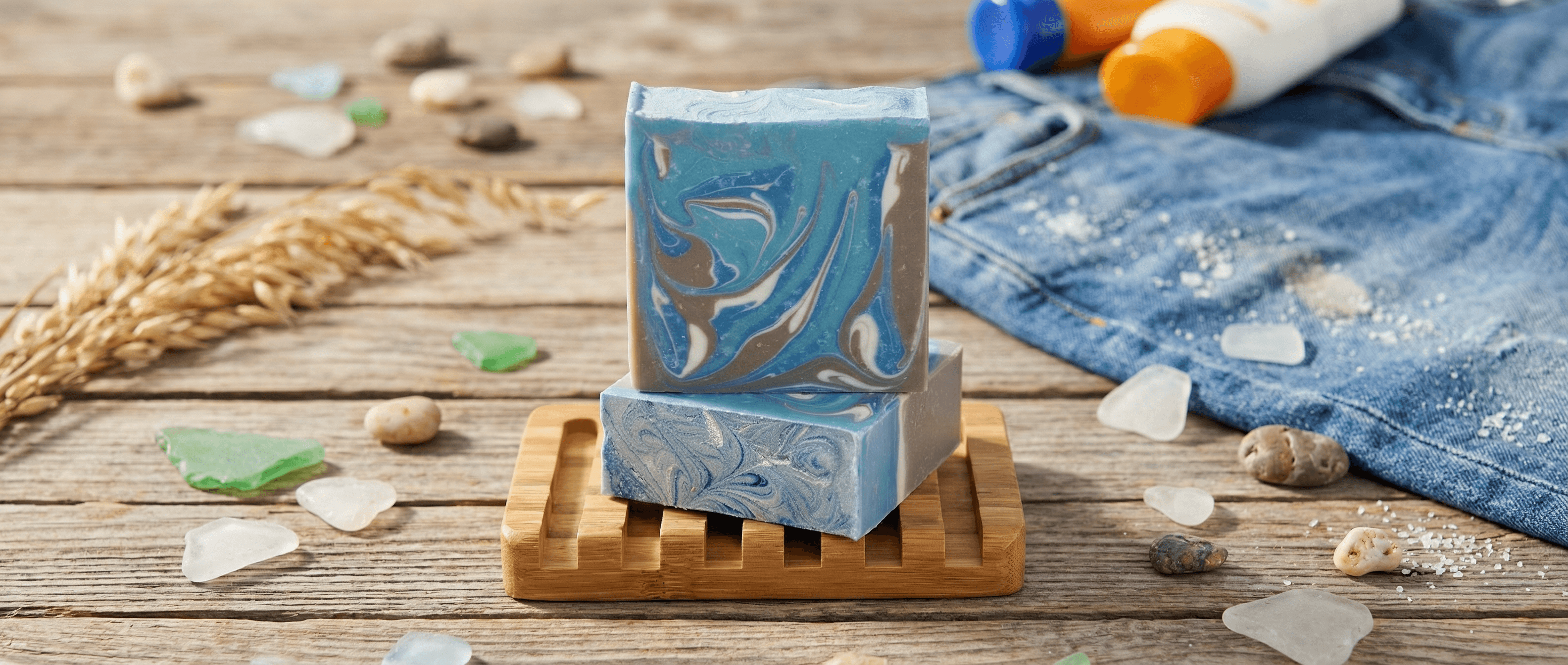 Two bars of marbled blue and gray handmade soap stacked on a wooden soap dish, surrounded by sea glass, pebbles, wheat stalks, and denim on weathered wood surface.