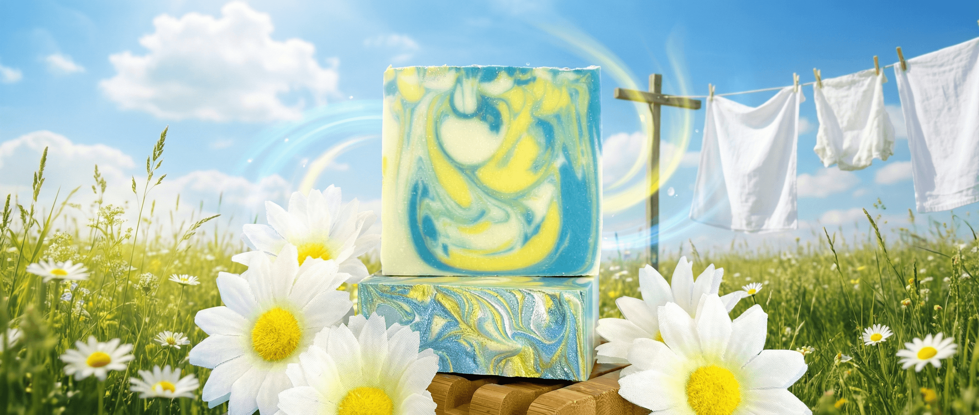 Two stacked bars of swirled soap in blue, yellow, and cream against a sunny meadow backdrop with white daisies and laundry drying on a clothesline in the distance.