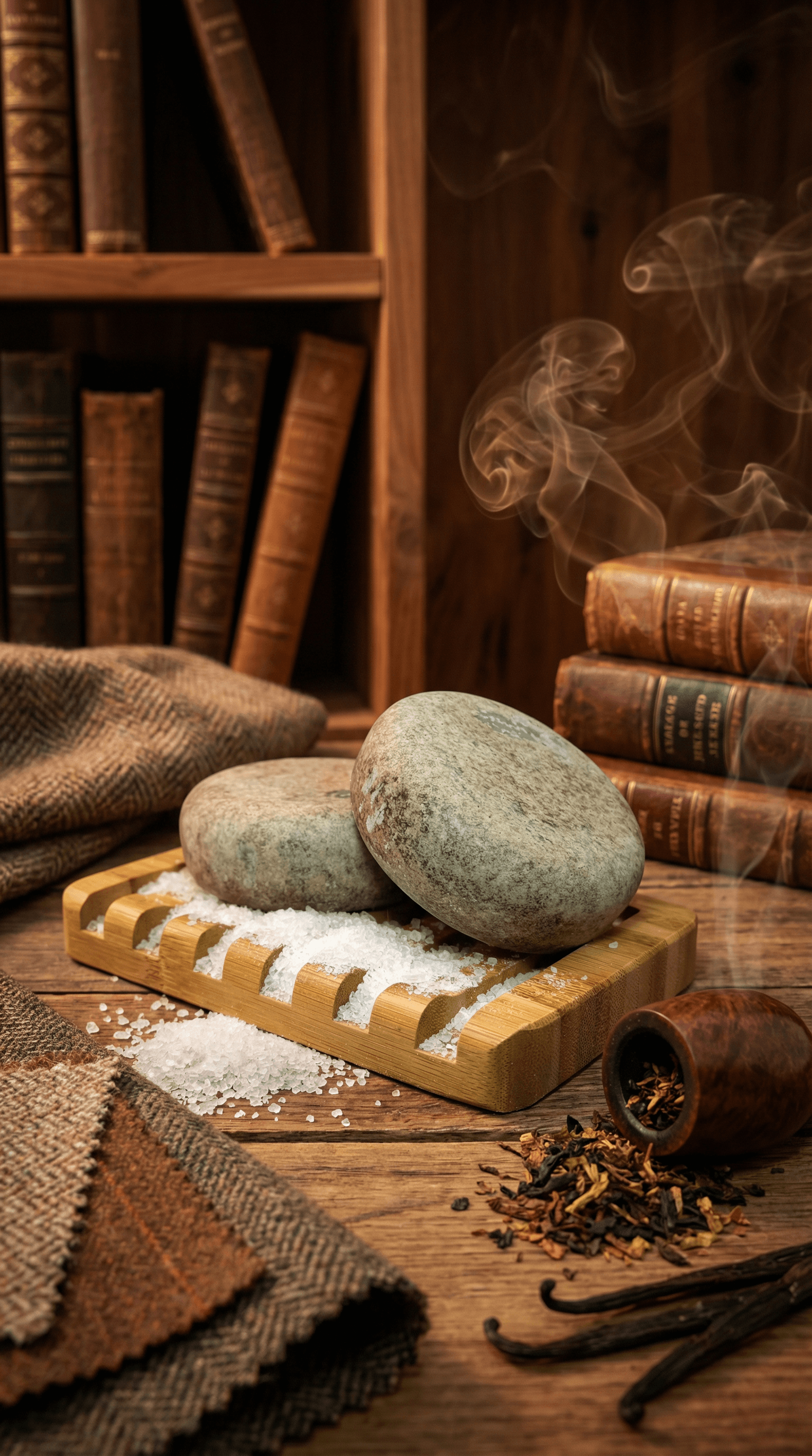 Two smooth gray stones rest on a bamboo soap dish with coarse white sea salt. Styled with vintage books, tweed fabric, and loose tobacco on a wooden surface with wisps of smoke.