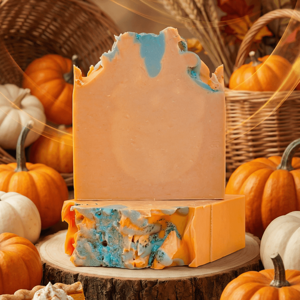 Two bars of handcrafted soap in peach-orange with swirled turquoise marbling throughout, displayed on a wood slice surrounded by decorative pumpkins and woven baskets in an autumn harvest setting.