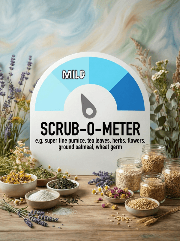 A circular Scrub-O-Meter gauge displaying 'MILD' sits behind an array of natural exfoliants including dried flowers, herbs, oatmeal, and wheat in bowls and jars on a wooden surface.