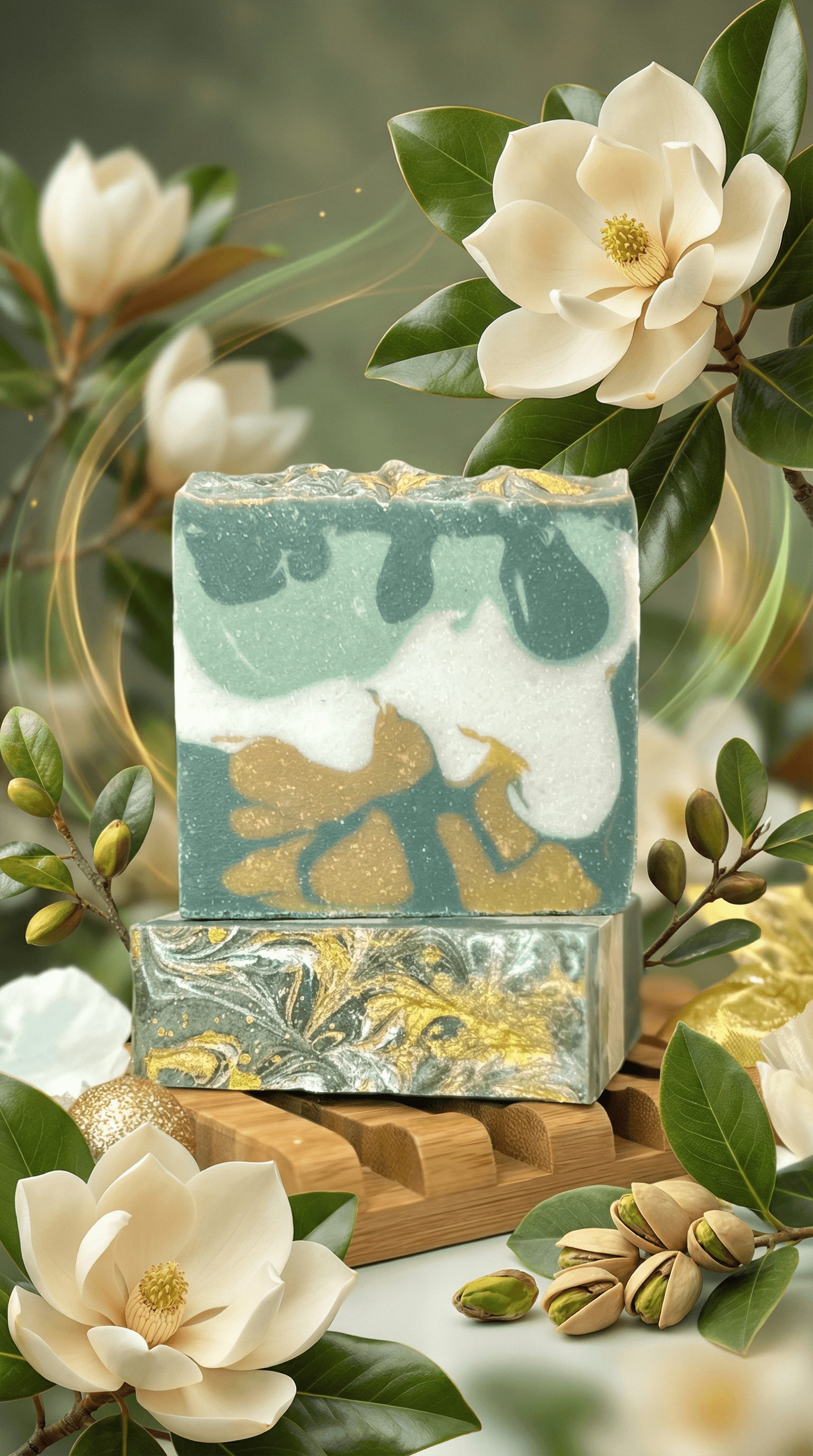 Two stacked handcrafted soap bars with swirled teal, white, and gold marbled design, displayed on a wooden tray surrounded by white magnolia flowers and green leaves.