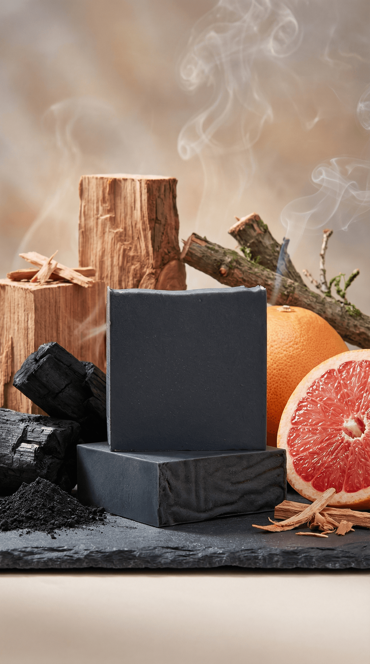 Dark charcoal-gray soap bars with smooth matte finish, displayed with activated charcoal chunks, wood pieces, and fresh grapefruit halves. Steam rises from the bars in a rustic product styling.