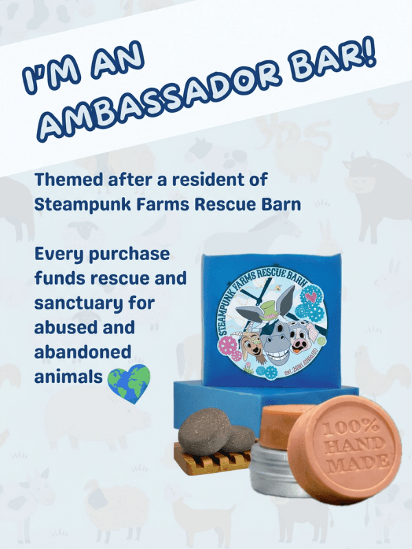 Product-only display showing handmade soap bars in earthy brown and tan tones with a smooth matte finish, alongside a blue box featuring cartoon farm animals, wooden soap dish, and stones.
