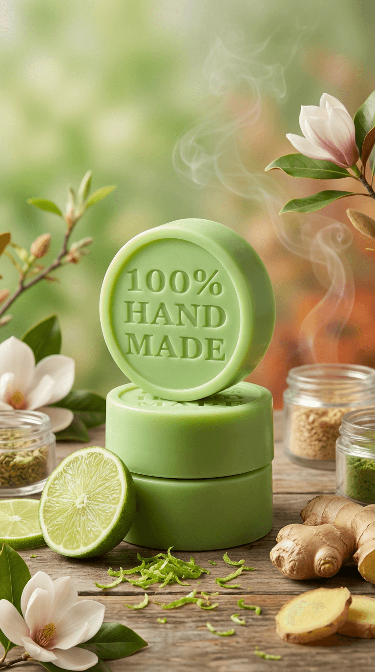 Light green round solid lotion bar stamped with '100% HAND MADE' displayed on wooden surface with fresh lime slices, ginger root, magnolia flowers, and glass jars of natural ingredients.