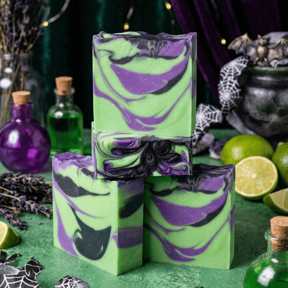 Stack of handmade soap bars with bright lime green base and swirled purple and black marbling. Styled with limes, lavender, and potion bottles on green surface.