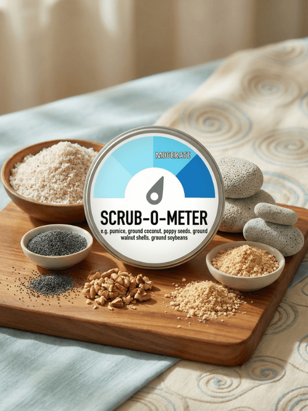 Round metal tin labeled Scrub-O-Meter displaying moderate exfoliation level, surrounded by natural exfoliants including pumice, ground coconut, poppy seeds, walnut shells, and soybeans on a wooden board.