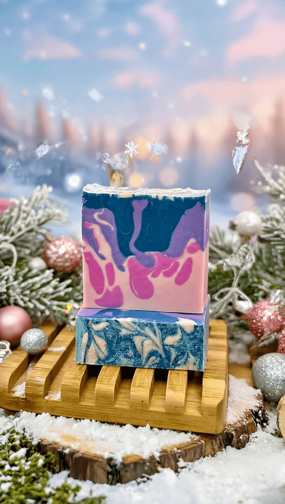 Two stacked handcrafted soap bars on wooden soap dish in snowy holiday scene with frosted evergreens and ornaments. Top bar features pink base with purple and teal marbled swirls.