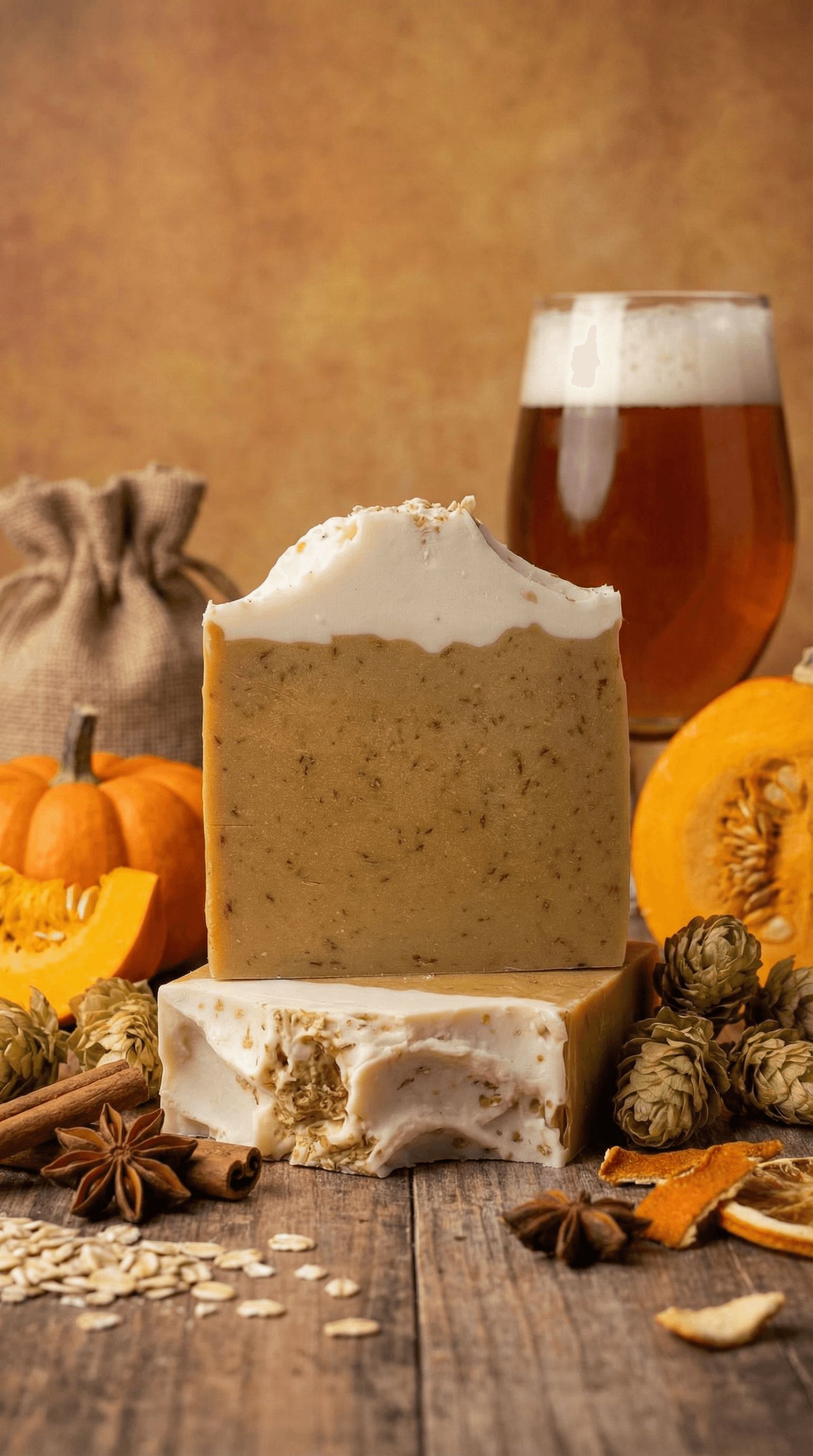 Stacked handcrafted soap bars in warm tan with cream swirled tops, displayed with autumn pumpkins, star anise, cinnamon sticks, dried hops, and amber beer in rustic fall styling.