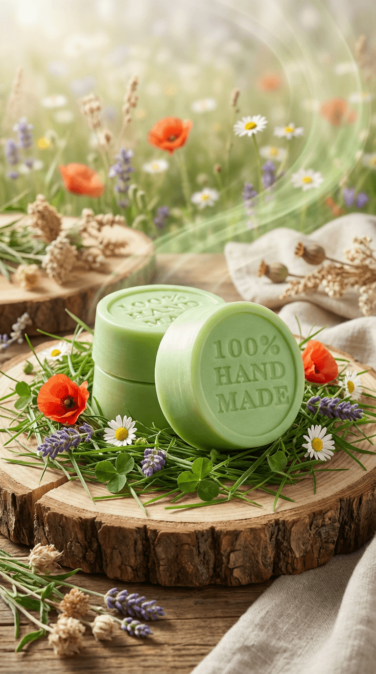 Three round light green solid lotion bars with embossed text displayed on a wooden slice surrounded by fresh wildflowers including poppies, daisies, and lavender.
