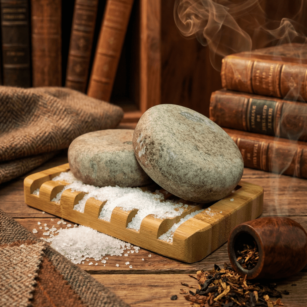 Two smooth gray river stones rest on a bamboo soap dish filled with white sea salt. Warm lighting with vintage books, tweed fabric, and tobacco pipe in background.