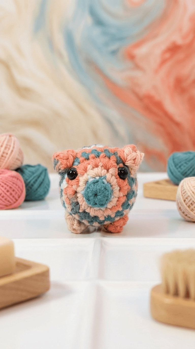 Hand-crocheted pig sachet in coral, teal, and cream stripes with black bead eyes, displayed on white stand with yarn balls and wooden brushes in background.