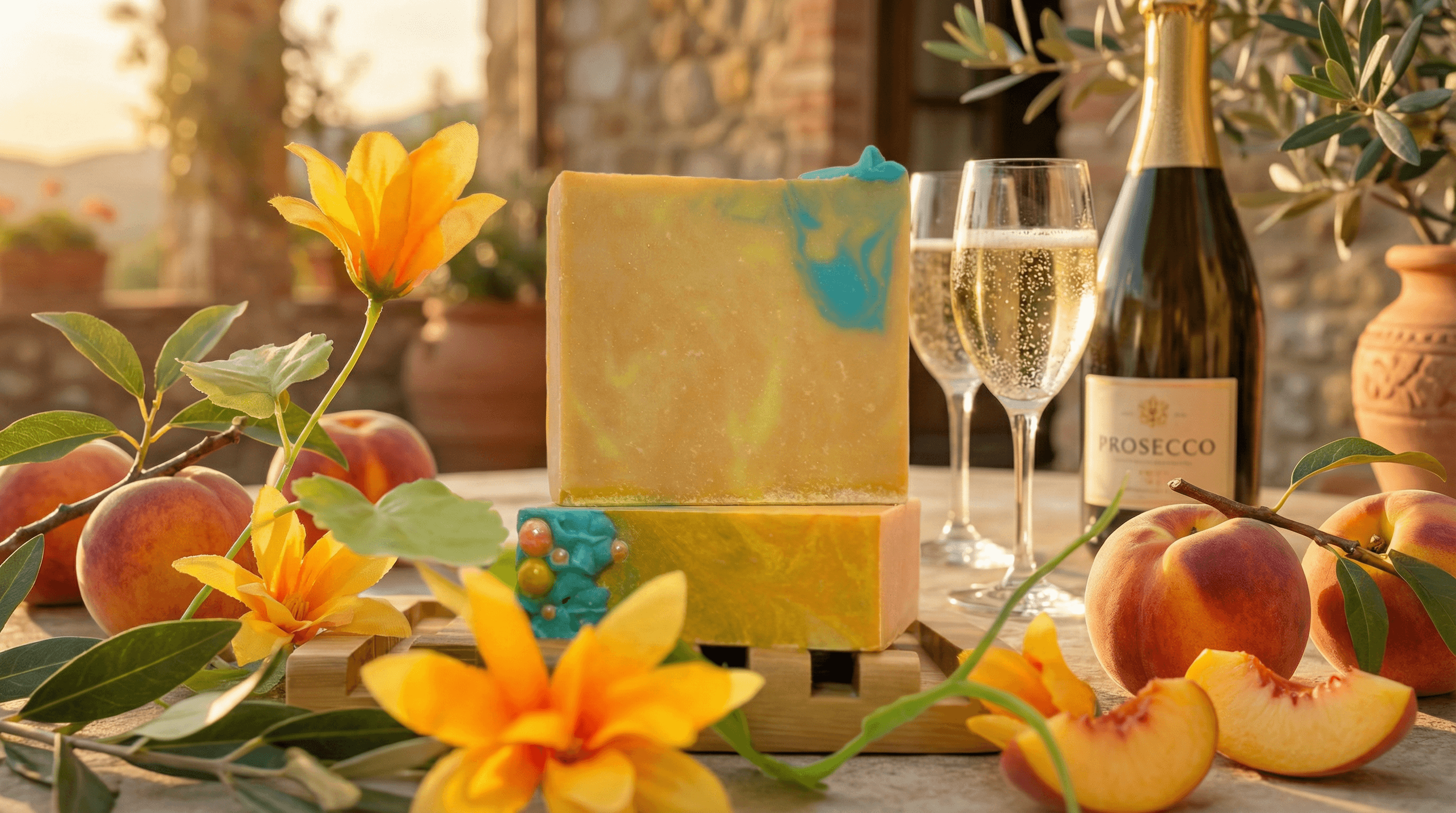 Golden yellow handcrafted soap bar with turquoise swirl detail on top, displayed on wooden soap dish surrounded by fresh peaches, yellow flowers, and prosecco bottle in warm natural light.