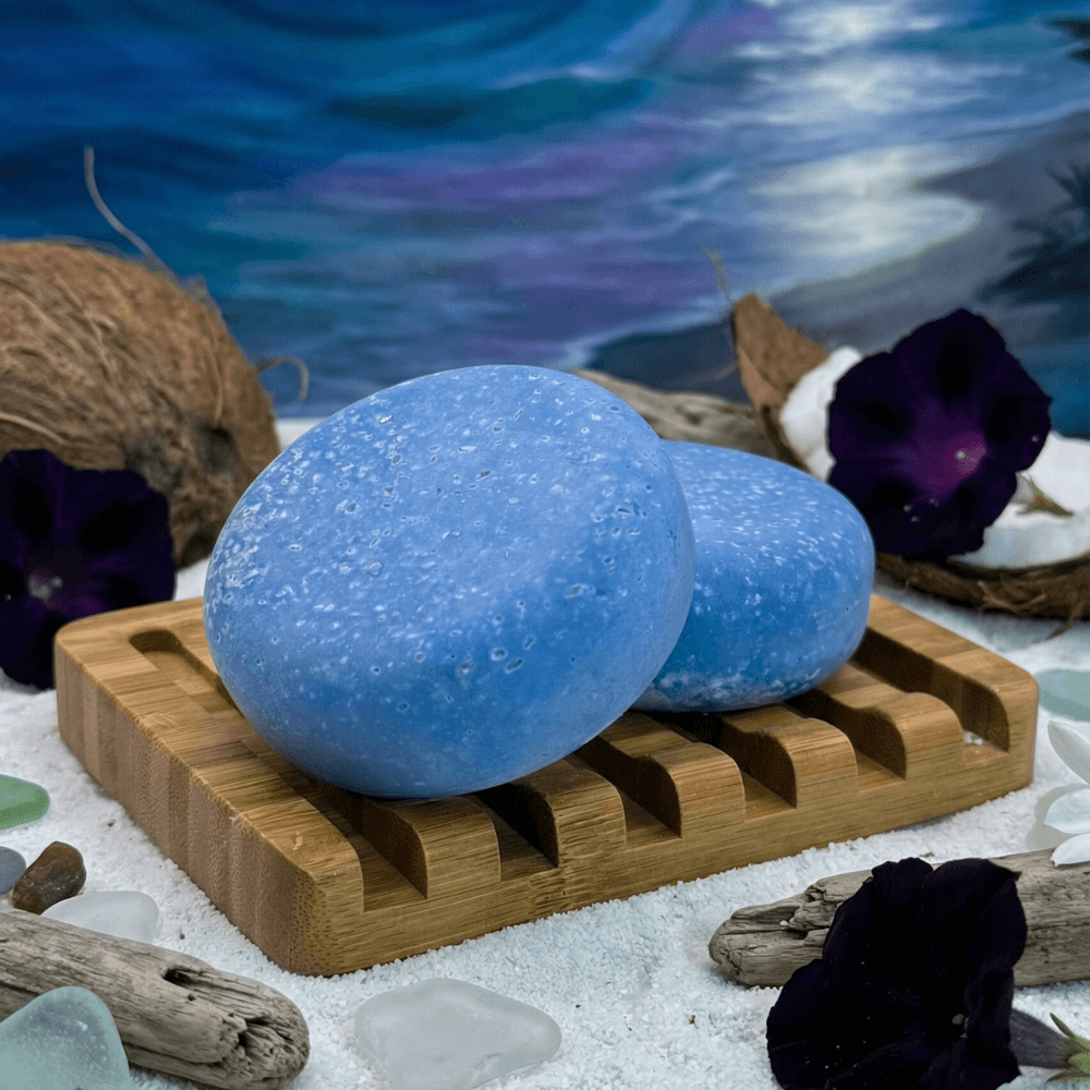 Two round, smooth bars of pale blue soap rest stacked on a slatted bamboo soap dish set into white sea salt crystals. The bars have a slightly speckled, matte surface with faint air pockets suggesting a handcrafted texture. Surrounding the dish are halved coconuts, pieces of weathered driftwood, deep purple flowers, and frosted sea glass, all set against a painted backdrop of swirling ocean waves in teal, blue, and violet tones.